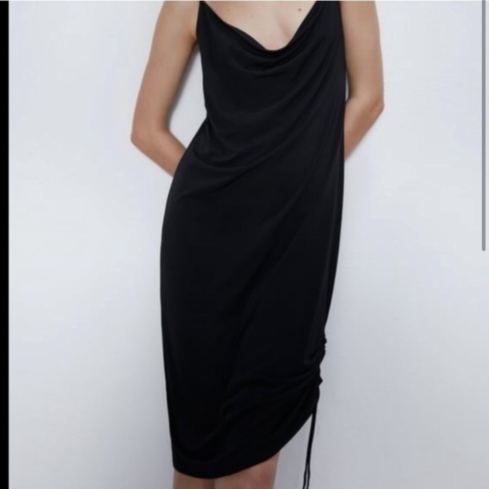 Zara Black Cowl Neck Ruched Side Slip Midi Dress